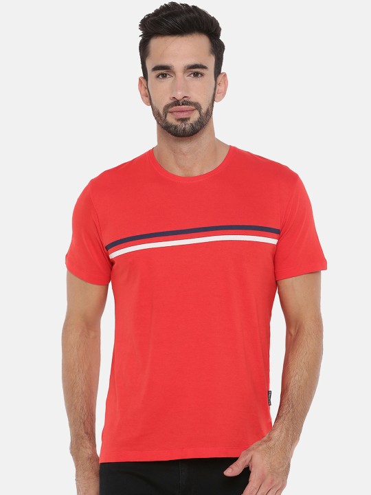 Men Red Striped Round Neck Slim Fit T-shirt S