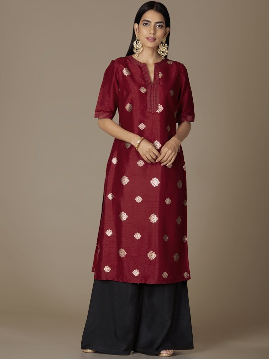 Women Maroon Printed Straight Kurta XS