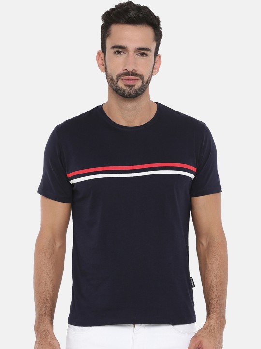 Men Navy Blue Striped Round Neck Slim Fit T-shirt S
