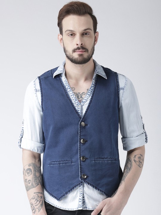 Cinocci Men Navy Blue Solid Denim Waistcoat 38