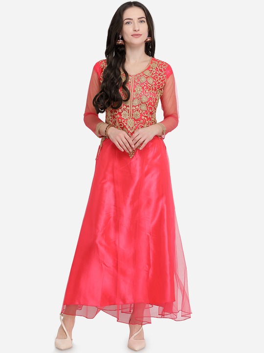 Women Coral Embellished Fit and Flare Dress
