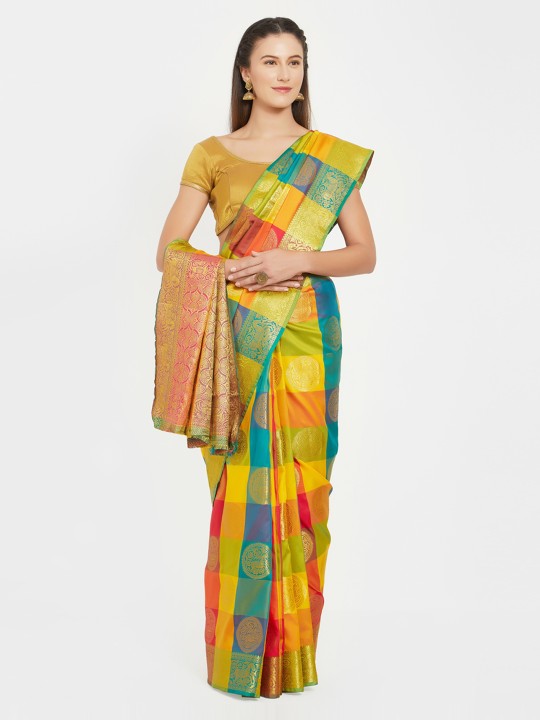 Yellow & Blue Pure Silk Checked Kanjeevaram Saree