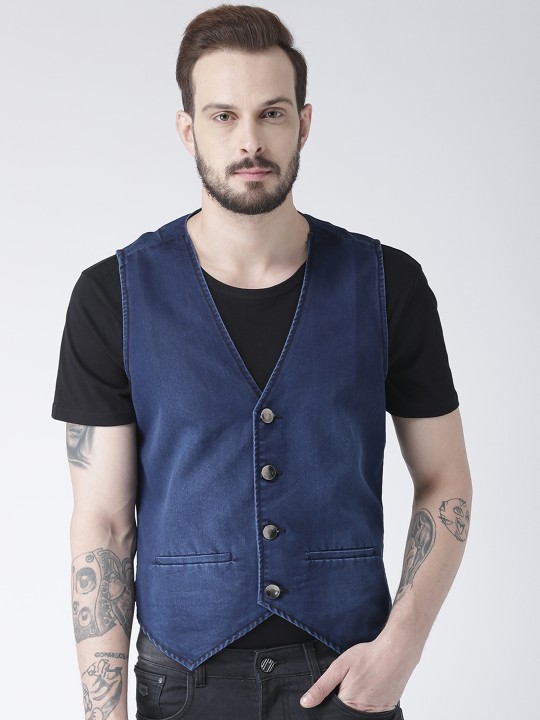 Cinocci Men Navy Blue Solid Denim Waistcoat 38