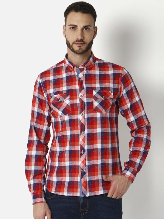 Men Red & Blue Slim Fit Checked Casual Shirt 38