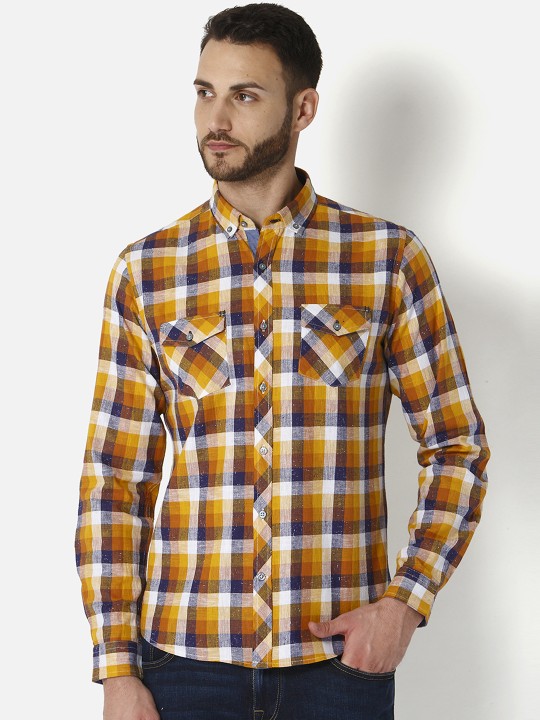 Men Yellow & Blue Slim Fit Checked Casual Shirt 38