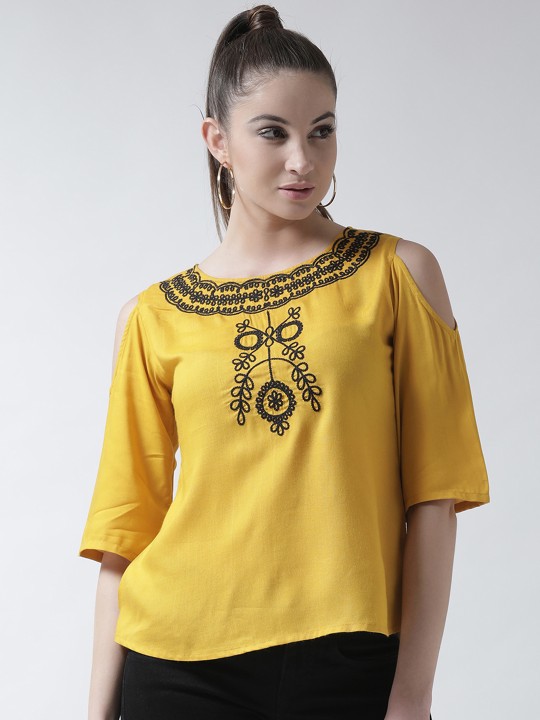 Women Yellow Embroidered A-Line Top S