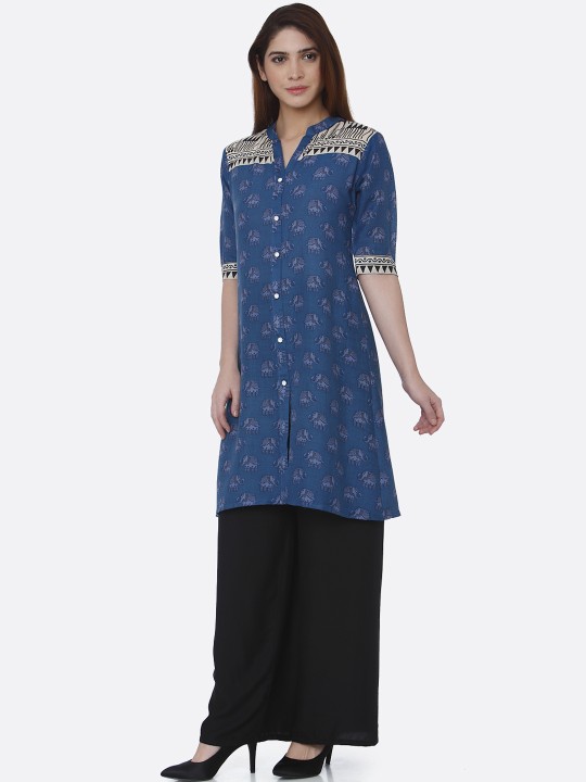 Women Blue Printed Straight Kurta XS