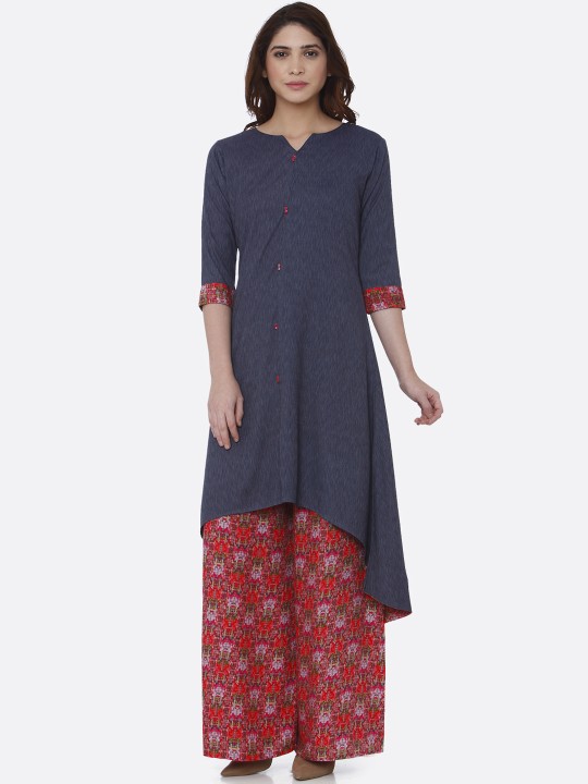 Women Blue Woven High-Low Kurta XS