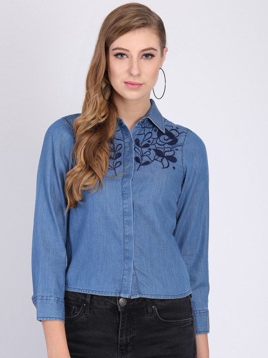 Women Blue Regular Fit Self Design Casual Shirt