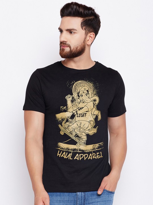 Men Black Printed Round Neck T-shirt S