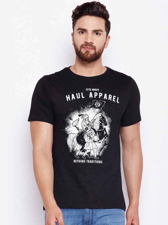Men Black Printed Round Neck T-shirt S