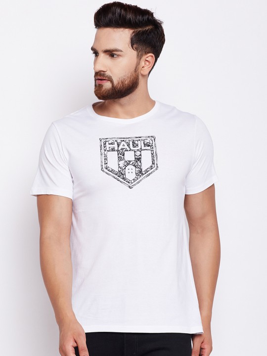 Men White Printed Round Neck T-shirt S