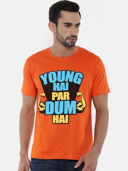 Men Orange Printed Round Neck T-shirt S