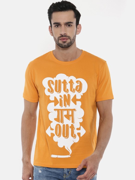 Men Mustard Orange Printed Round Neck T-shirt S