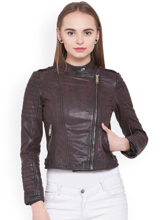 Women Burgundy Solid Leather Jacket M