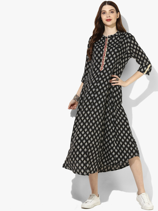 Women Black Printed Midi A-Line Dress S