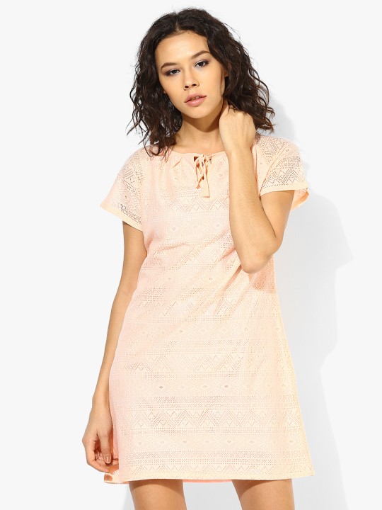 Peach Coloured Solid Shift Dress S
