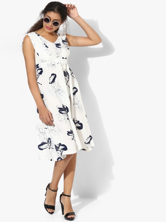 White Coloured Printed Skater Dress