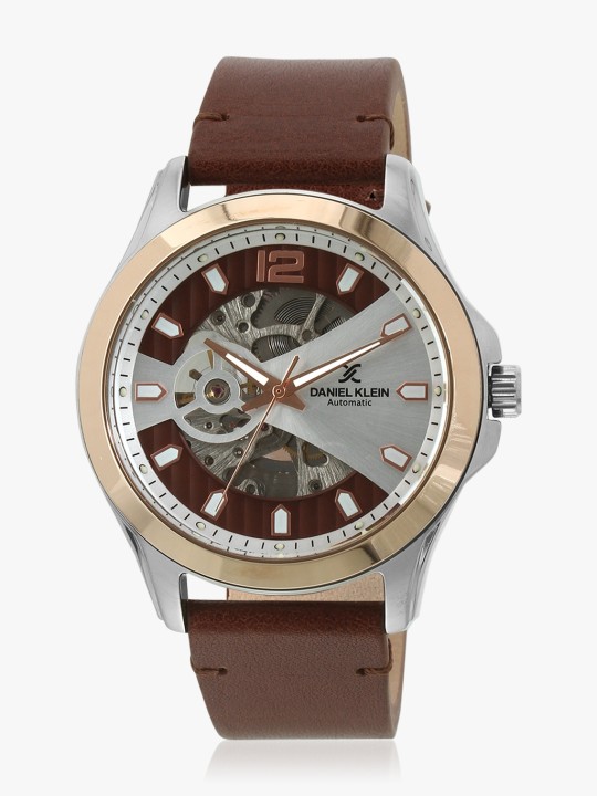 Men Silver-Toned & Brown Skeleton Automatic Analogue Watch DK11445-3