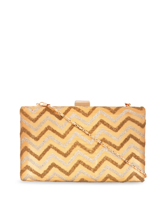 Beige & Gold-Toned Embroidered Box Clutch