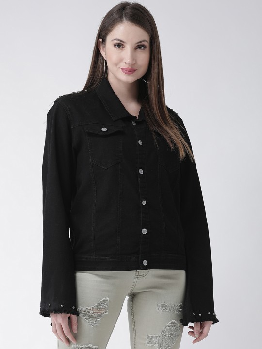 Women Black Solid Denim Jacket S