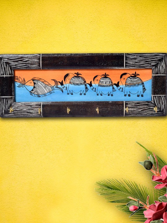 Multicoloured Rustic Woodex Texture Madhubani Art Key Holder