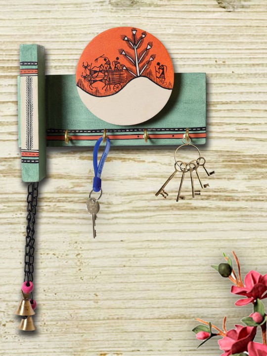 Multicoloured MDF Wood Warli Painting Wall Key Holder