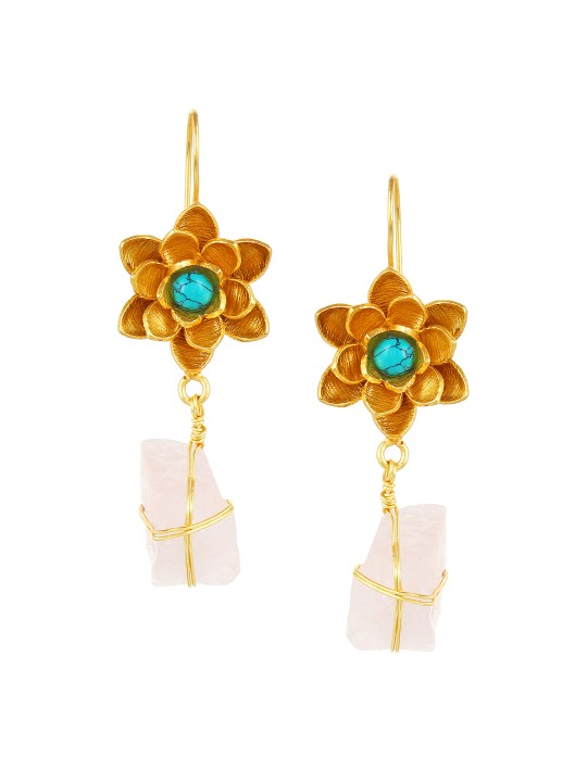 Gold-Toned & White Floral Drop Earrings