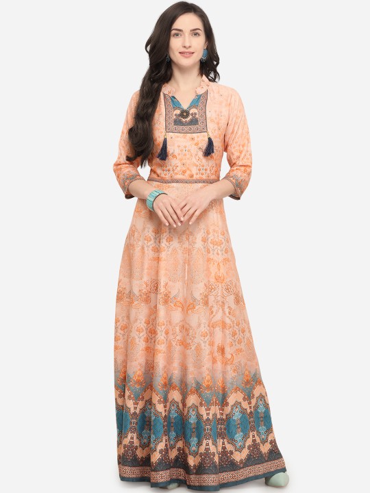 Women Peach-Coloured Printed Maxi Dress L