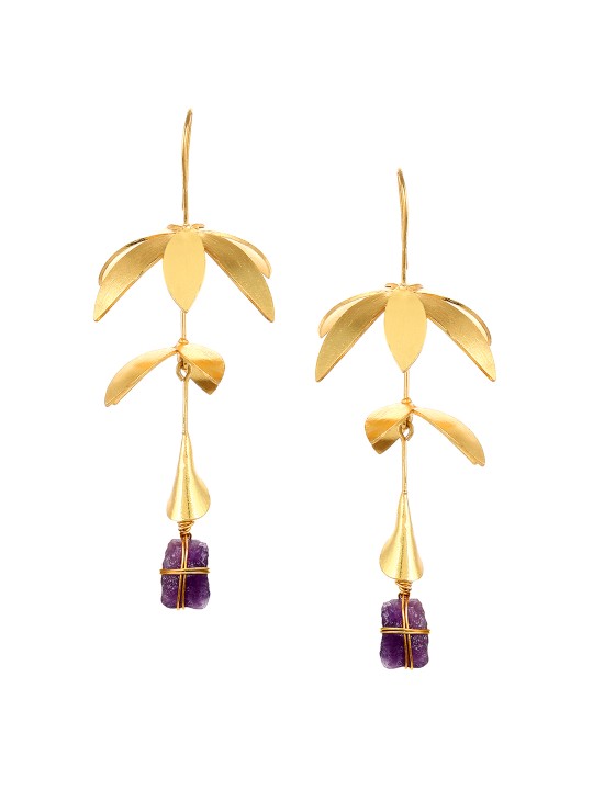 Gold-Toned & Lavender Contemporary Drop Earrings