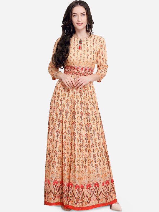 Women Peach-Coloured Printed Maxi Dress L