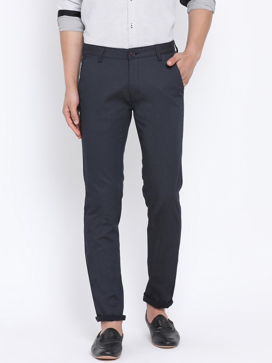 Men Navy Blue Slim Fit Solid Regular Trousers 30