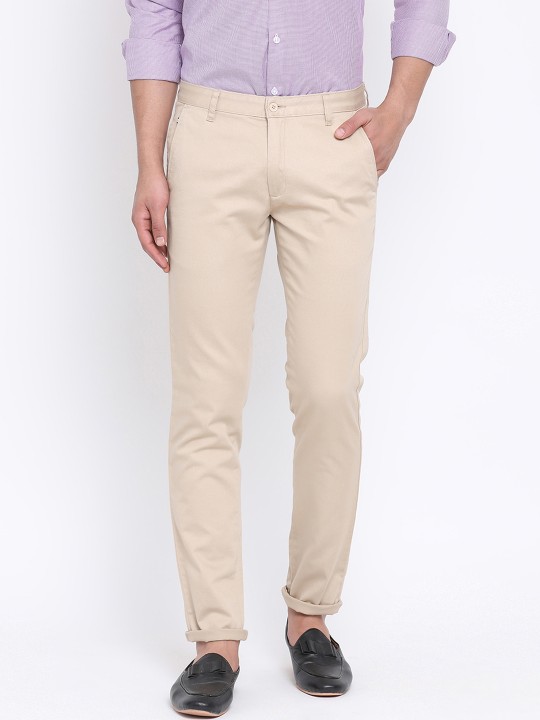 Men Cream-Coloured Slim Fit Solid Regular Trousers 30