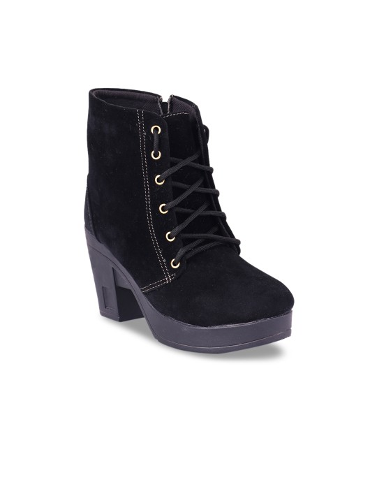 Women Black Solid Heeled Boots 36