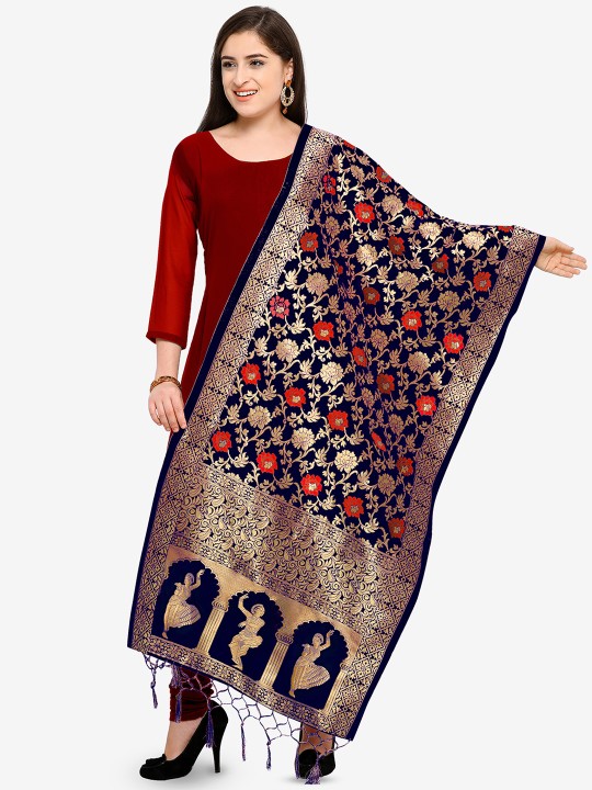 Navy Blue Banarasi Silk Zari Woven Dupatta