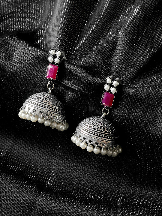PANASH Silver-Plated & Pink Oxidised Jhumkas