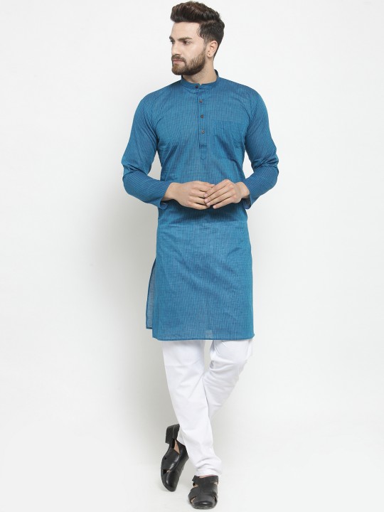 Men Blue & White Solid Kurta with Pyjamas XS