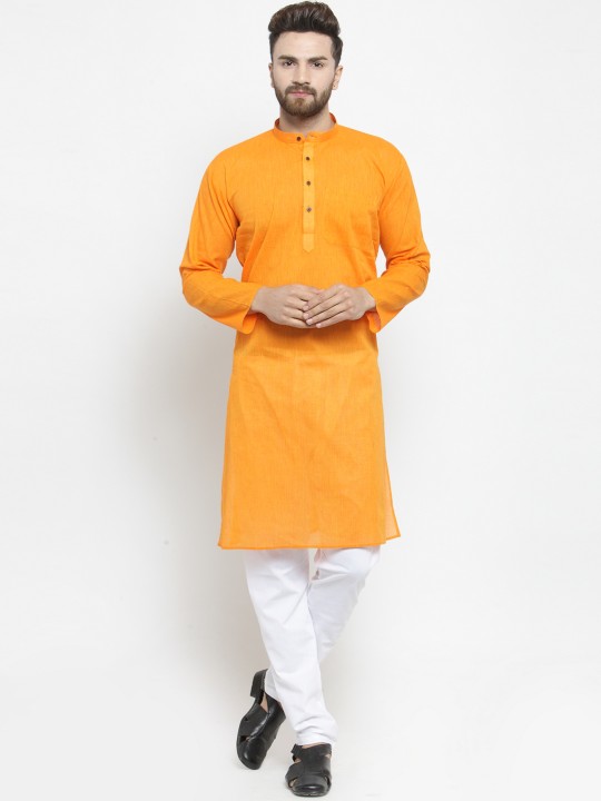 Men Orange & White Solid Kurta with Pyjamas XS