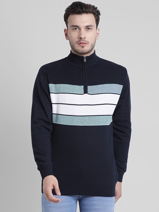 Men Navy Blue Striped Pullover S