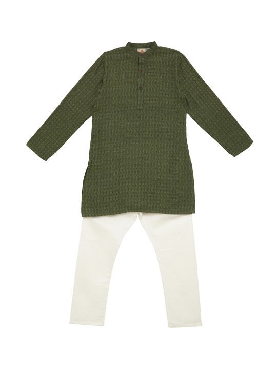 Boys Green & White Self Design Kurta with Pyjamas 2Y