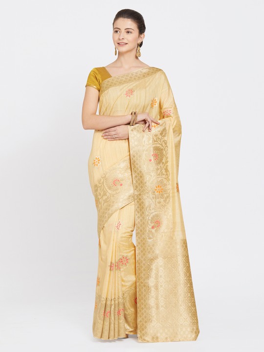 Cream-Coloured Poly Silk Woven Design Kanjeevaram Saree