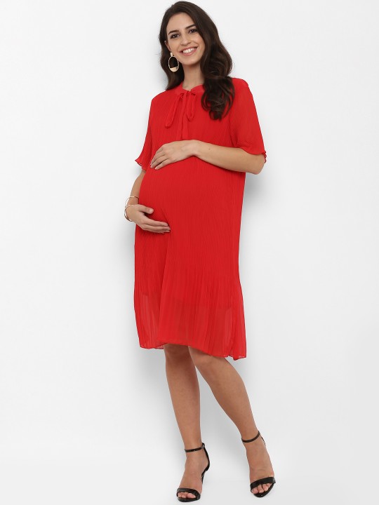 Women Red Solid A-Line Maternity Dress M