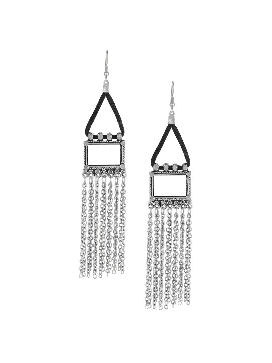 Silver-Toned Tasselled Geometric Drop Earrings