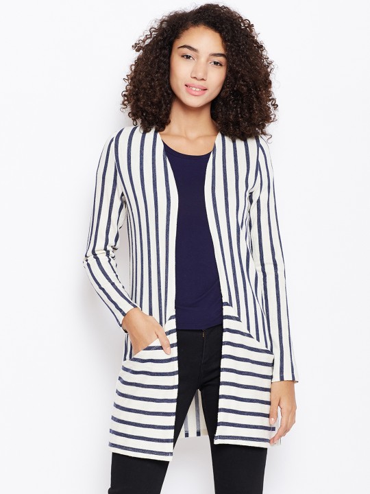 White & Navy Blue Striped Open Front Shrug XS