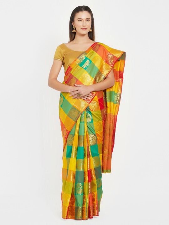 Yellow & Orange Pure Silk Woven Design Kanjeevaram Saree