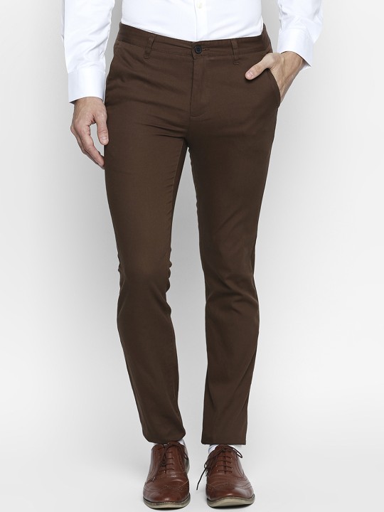 Men Brown Slim Fit Solid Regular Trousers 30