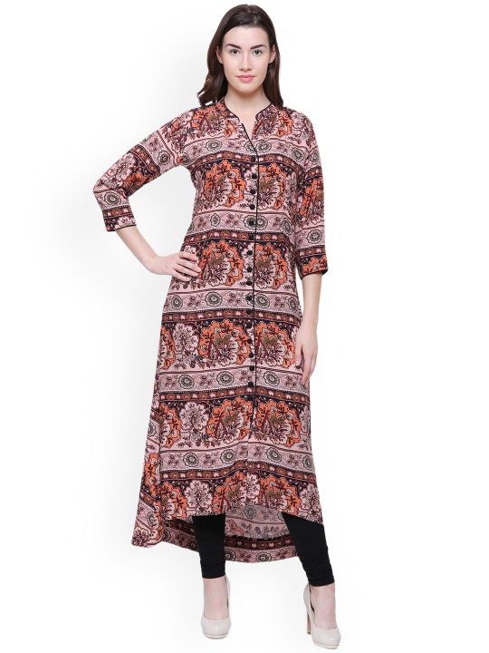 Women Pink & Brown Printed A-Line Kurta S