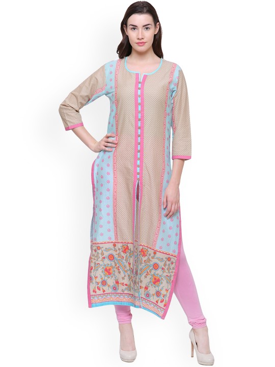 Women Beige & Blue Printed Straight Kurta S