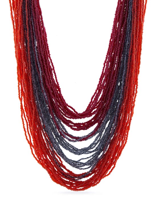 Red & Grey Beaded Multistranded Long Necklace