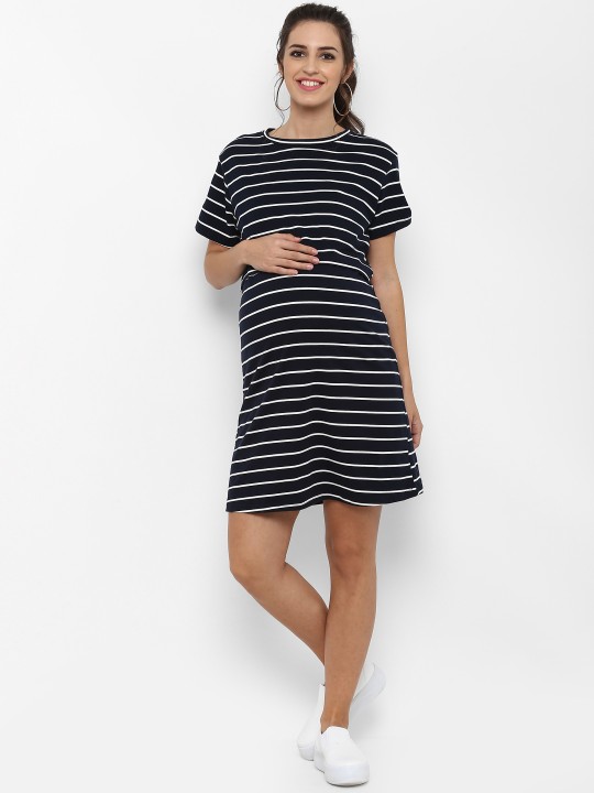 Women Navy Blue Striped Maternity T-shirt Dress S